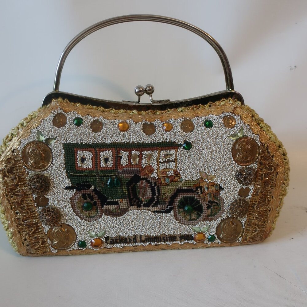 Womens Caron Multicolor Crochet Beaded Embroidery Packard Limousine Satchel Bag